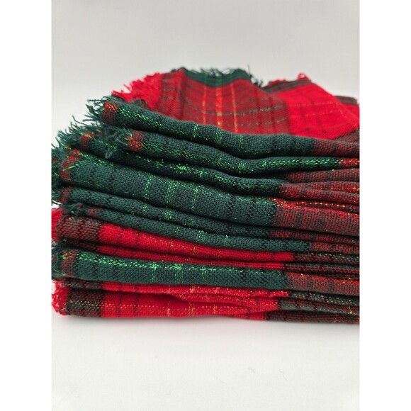 12 Vintage Red Green Knit Plaid Christmas Napkins Rag Fringe Metallic Sparkle - Picture 5 of 6